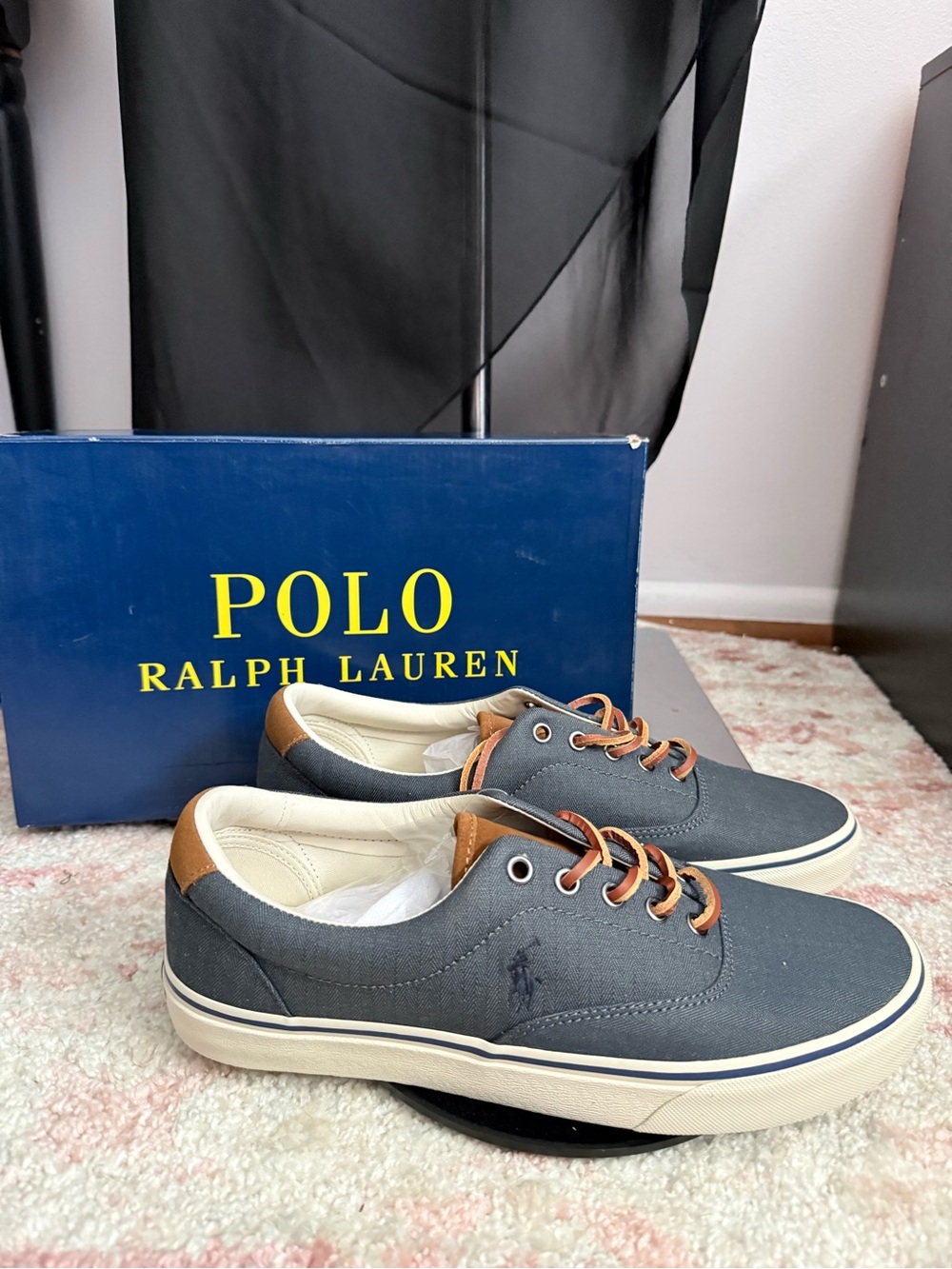 Polo by Ralph Lauren Men's Navy Canvas Sneakers with Tan Accents